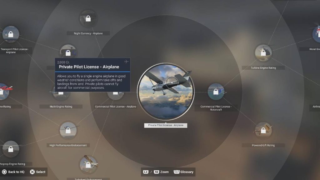 career mode screen for flight sim